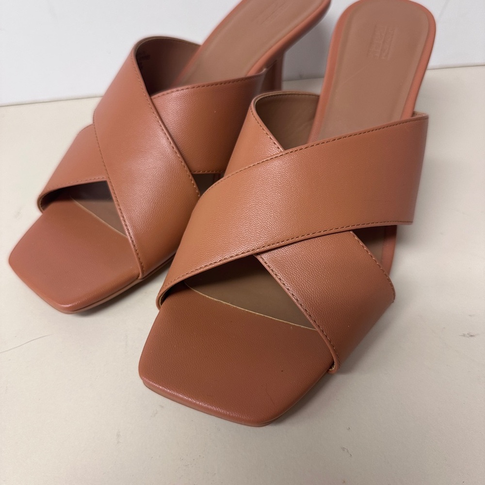 Cross-Strap Square Toe Heeled Sandals in Cognac - Picture 2 of 5